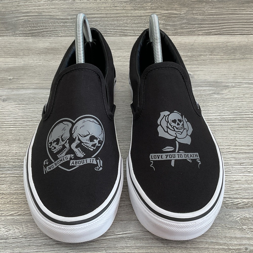 VANS Slip On Love You To Death Black Silver Canvas Shoes Womens Size 10 Mens 8.5